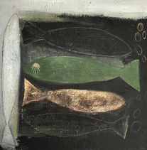 Fische grün gold 100x100 Cornelia Hauch Bild abstrakt