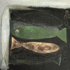 Fische grün gold 100x100 Cornelia Hauch Bild abstrakt